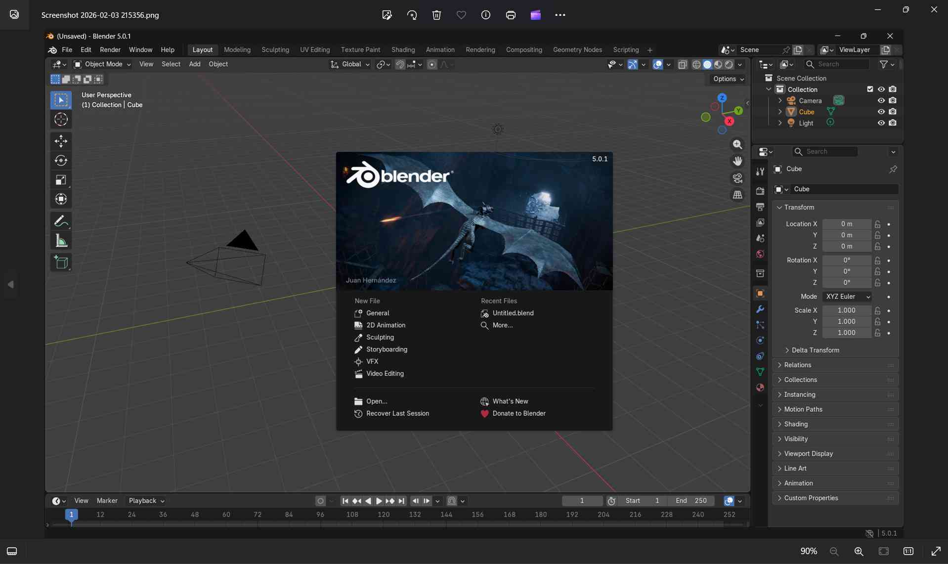 Blender startup screen